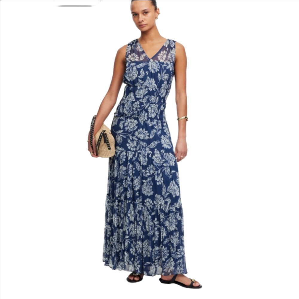 Madewell Sheer V Neck Floral Maxi Dress Nw336 Size 2 Nwt Blue White